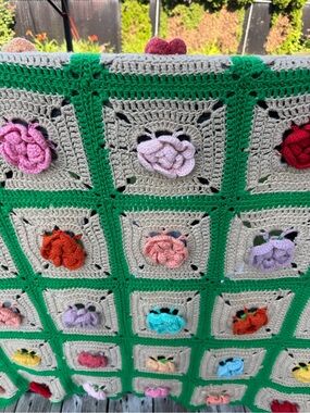 Handmade Crochet Floral 3D Granny Throw Blanket in Green and Multicolor. 45”X60”